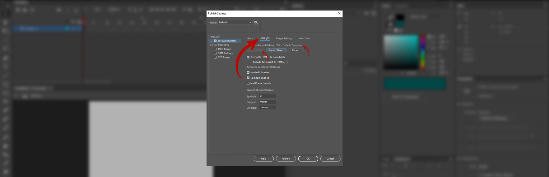 Screenshot of Adobe Animate software. Publish Settings window, configuration of the HTML/JS tab