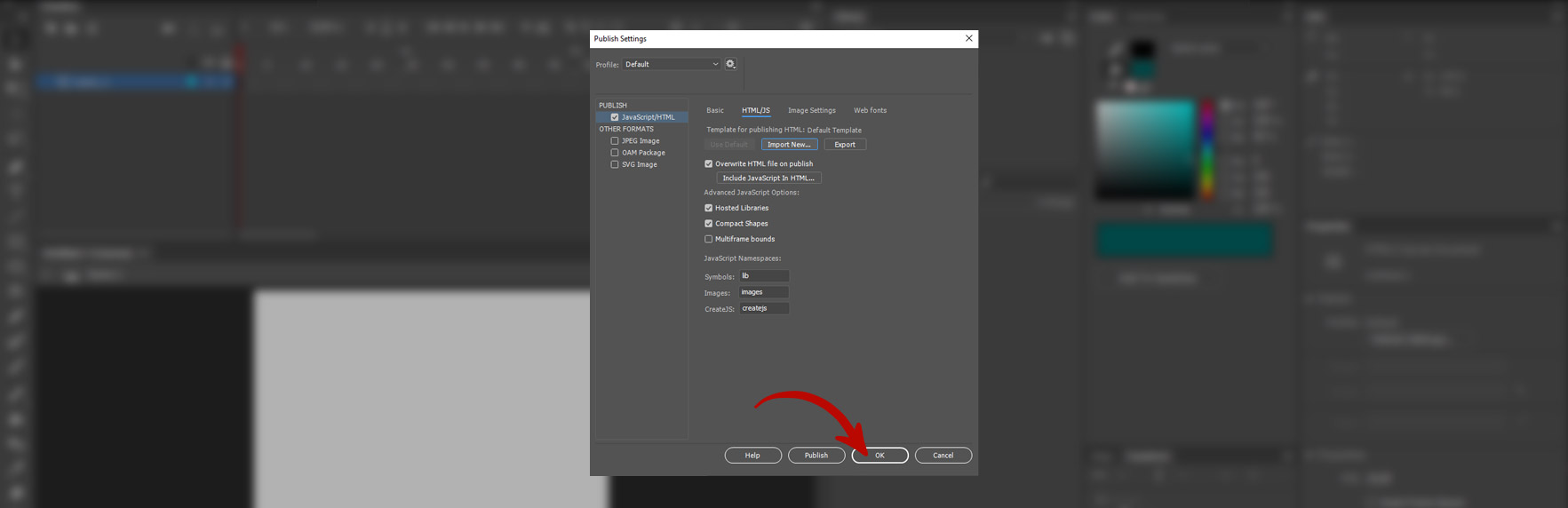 Screenshot of Adobe Animate software. Confirmation of selected settings