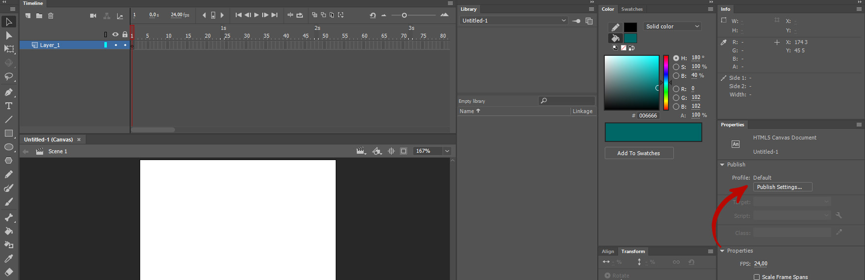 Screenshot of Adobe Animate software. Instructions for working with the Properties tab