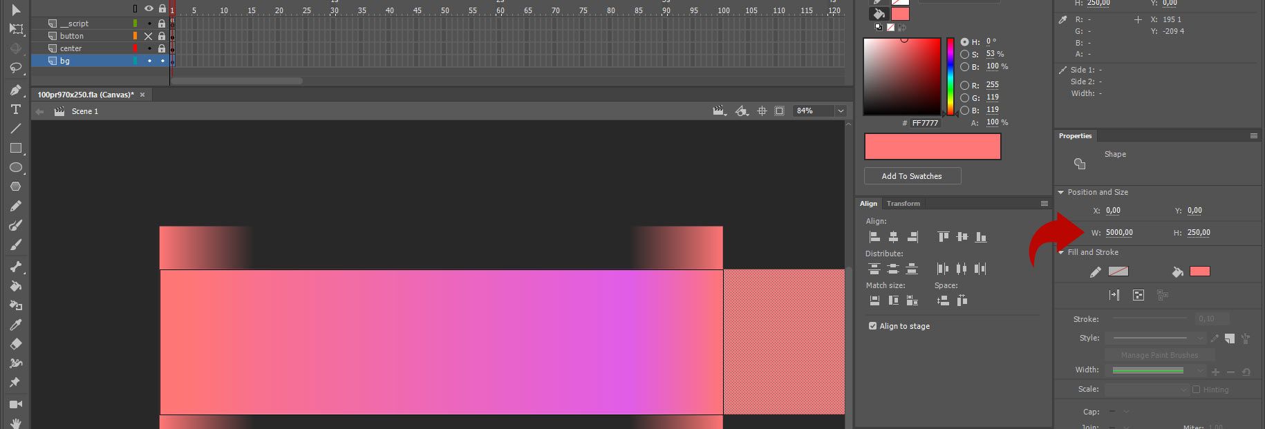 Скриншот из программы Adobe Animate. Растягивание фона и кнопки в html растяжки