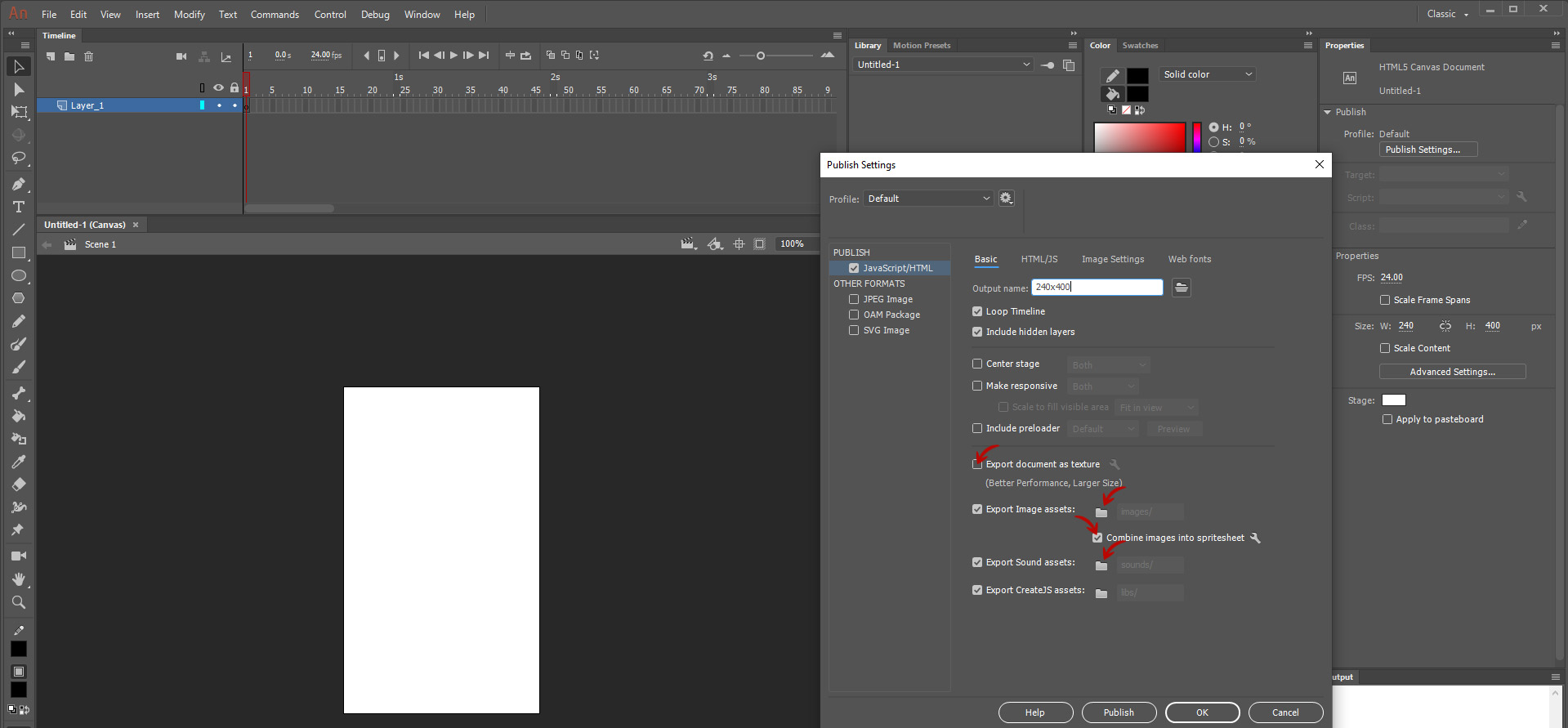 Скриншот Publish Settings в Adobe Animate вкладки Basic с отключенными папками экспорта компонентов, отключенной галочкой Export Document as Texture и установленной галочкой combine images in spritsheet