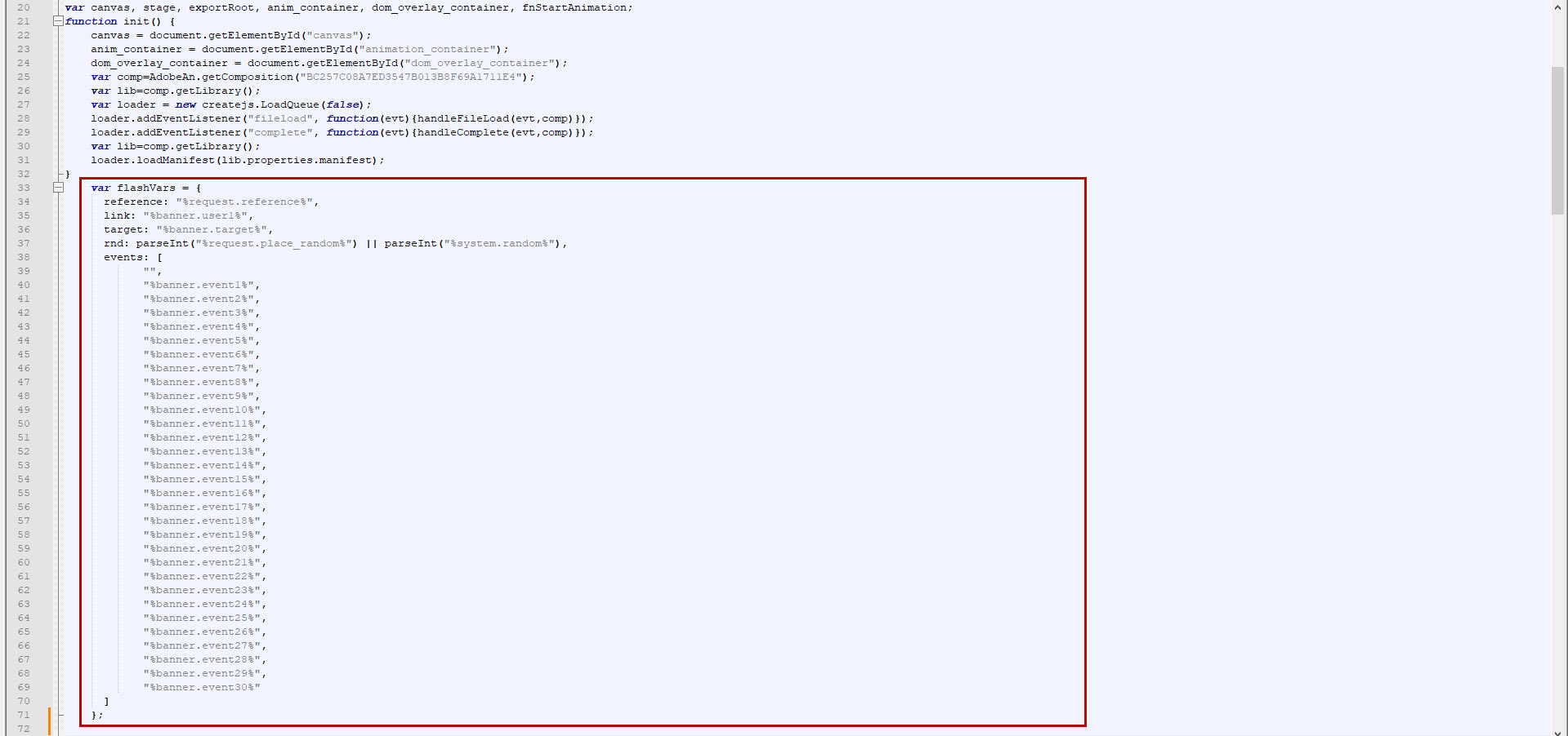 Скриншот дополнительной вставки js кода в основной блок скриптов html баннера