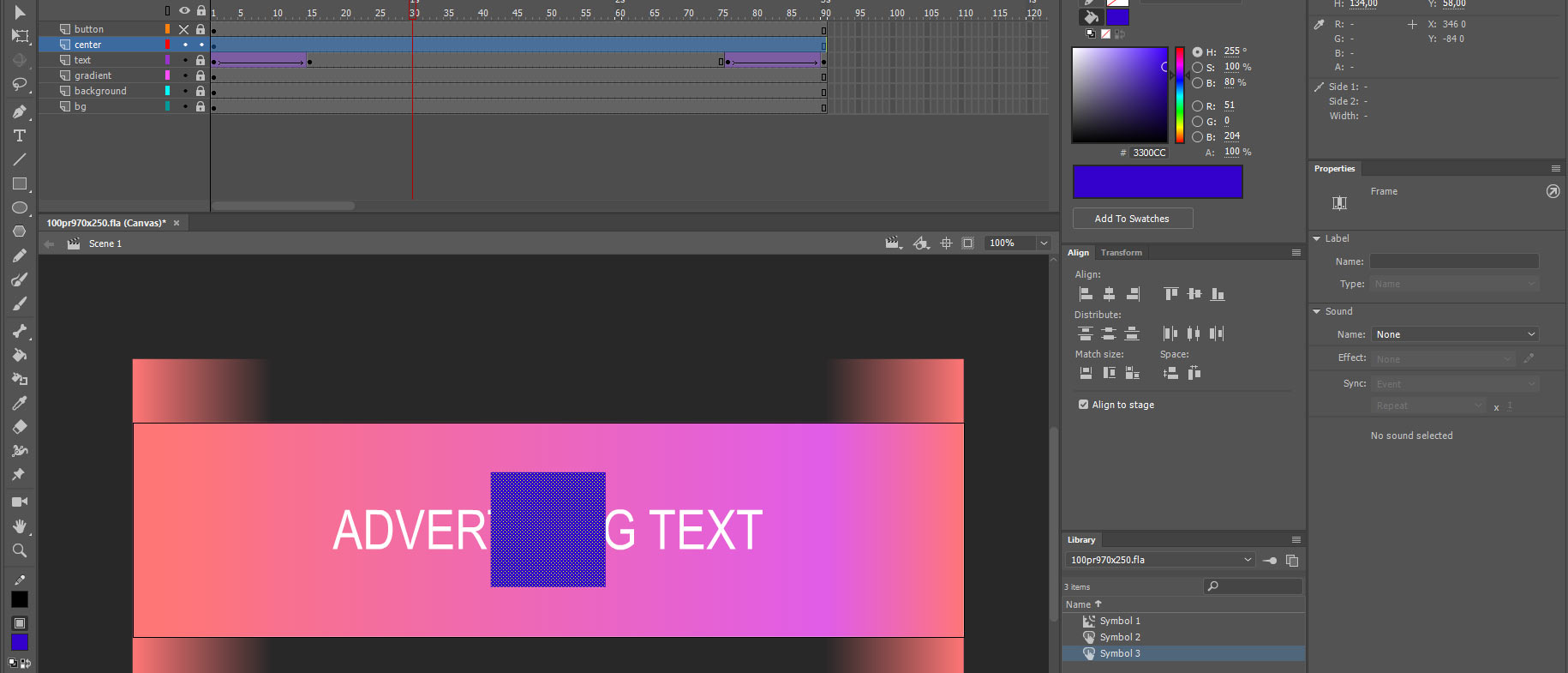 Скриншот из программы Adobe Animate. Процесс создания movie clip.