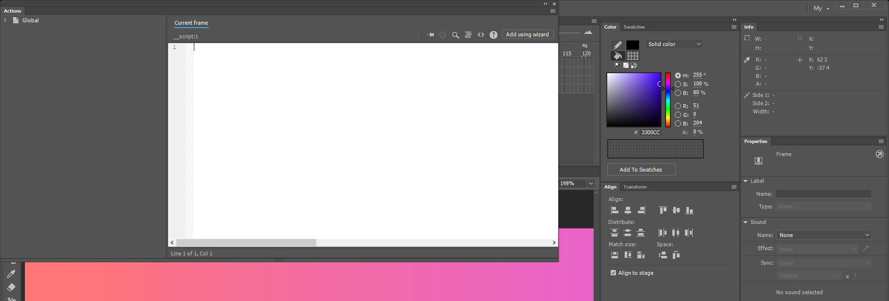 Скриншот из программы Adobe Animate. Панель для ввода скриптов Actions