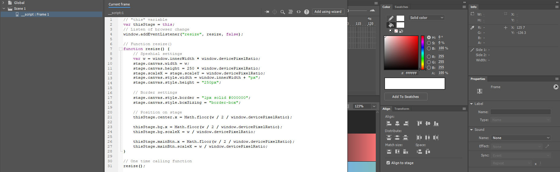 Скриншот из программы Adobe Animate. Итоговый код html растяжки с тянущимся фоном и кнопкой