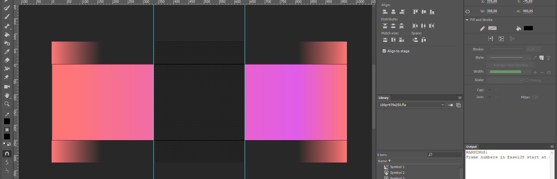Screenshot from Adobe Animate. Setting guide lines for the mobile version of the banner