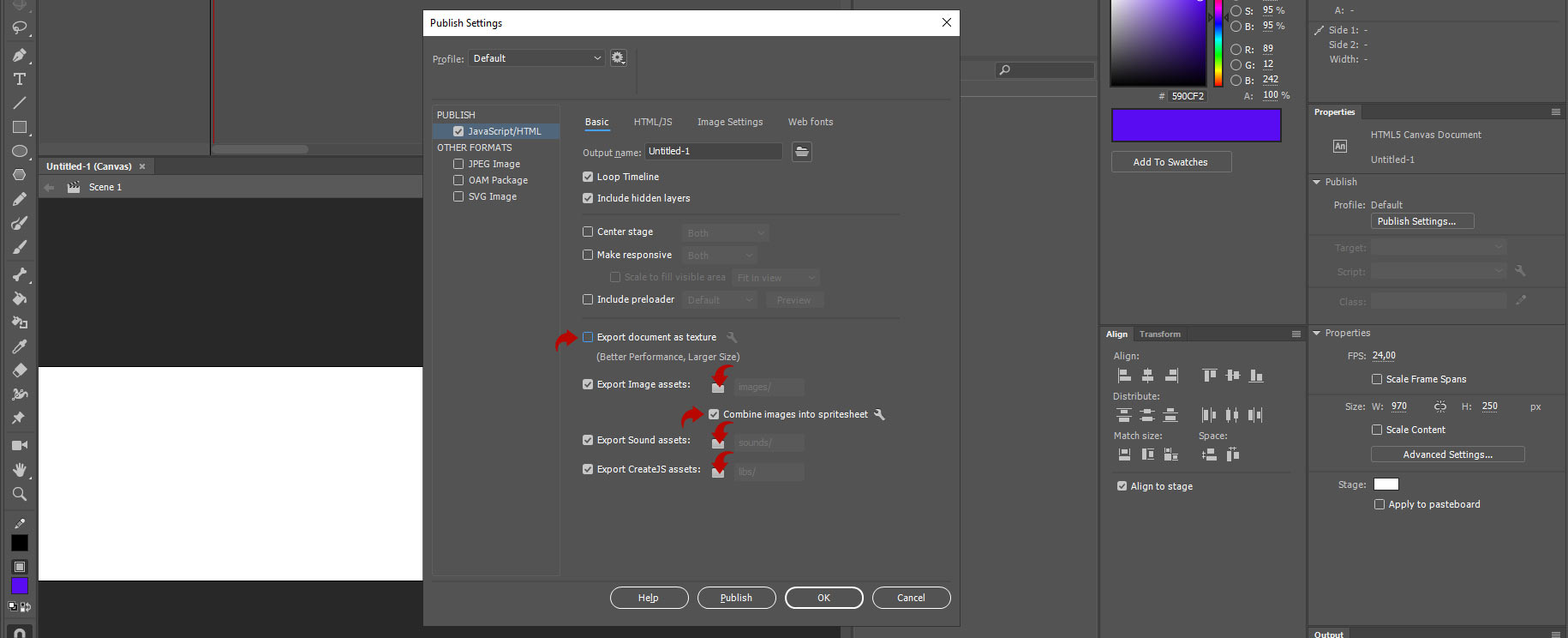 Скриншот вкладки Publish Settings. Вкладка Basic. Программа Adobe Animate