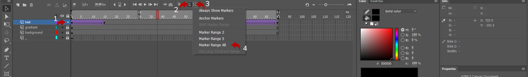 Скриншот из программы Adobe Animate. Подключение инструмента Edit Multiply Frames