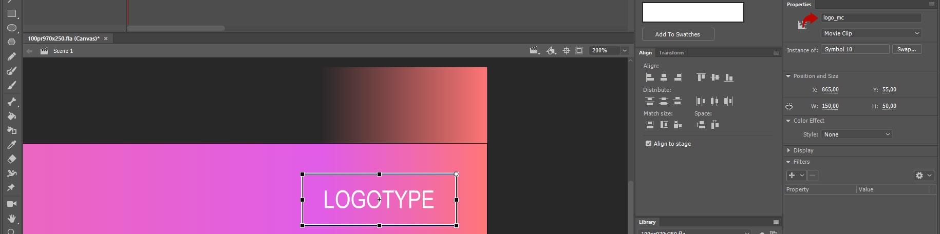 Screenshot from Adobe Animate. Setting the movie clip name in the Label of the Properties panel