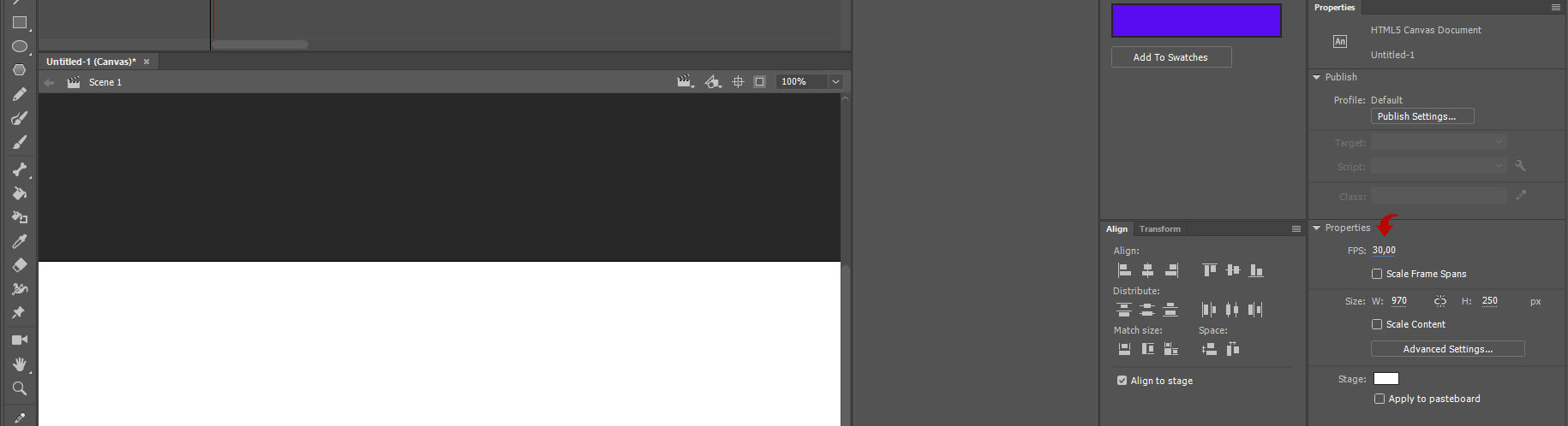Screenshot of the initial workspace window in Adobe Animate.