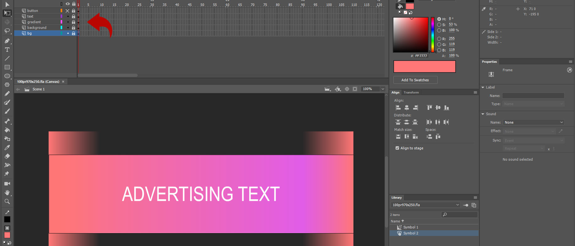 The structure of the simplest HTML banner with gradients created in Adobe Animate.